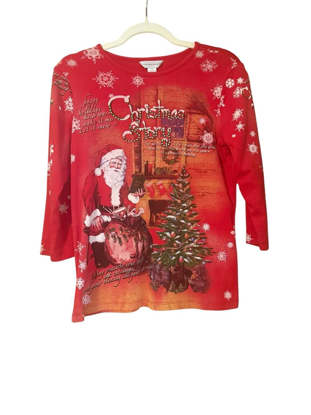 Vintage Studio Gem Q Christmas Santa Claus Is Coming Town 3/4 Sleeve Top Large
